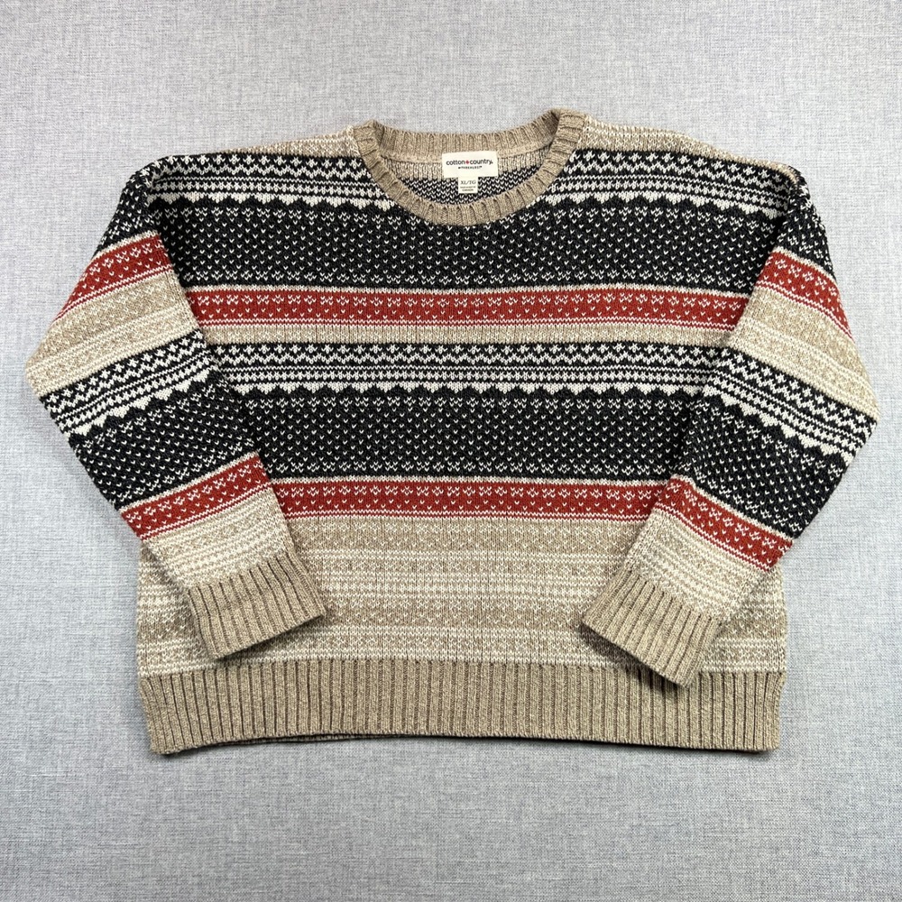Cotton Country Parkhurst Sweater Women‎ XL Fair Isle Black Tan Boxy Cottage Knit